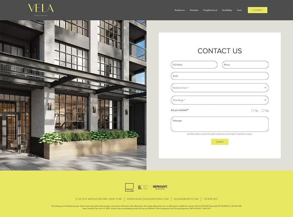 vela web design contact page